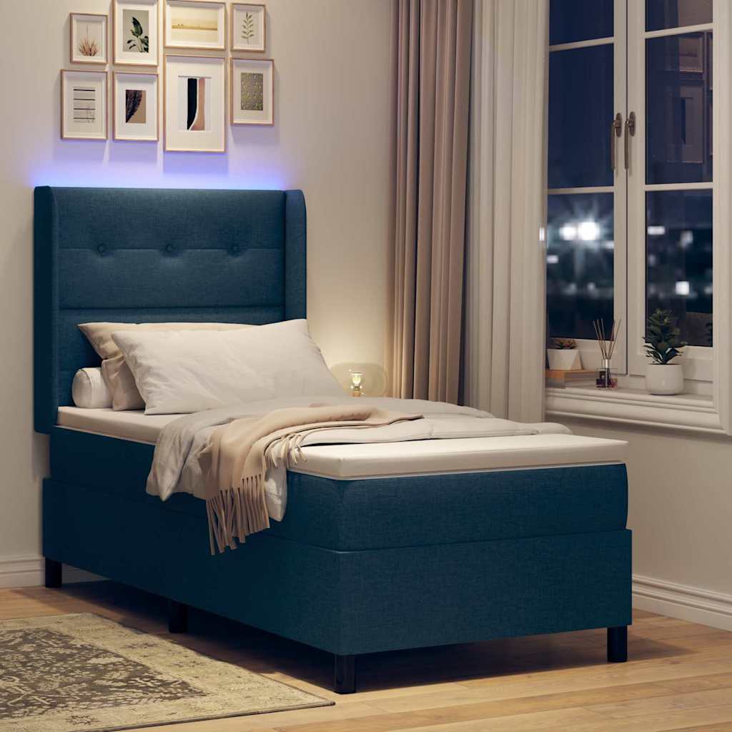 LED Box Spring Bed with Headboard Blue 90 x 200 cm Fabric