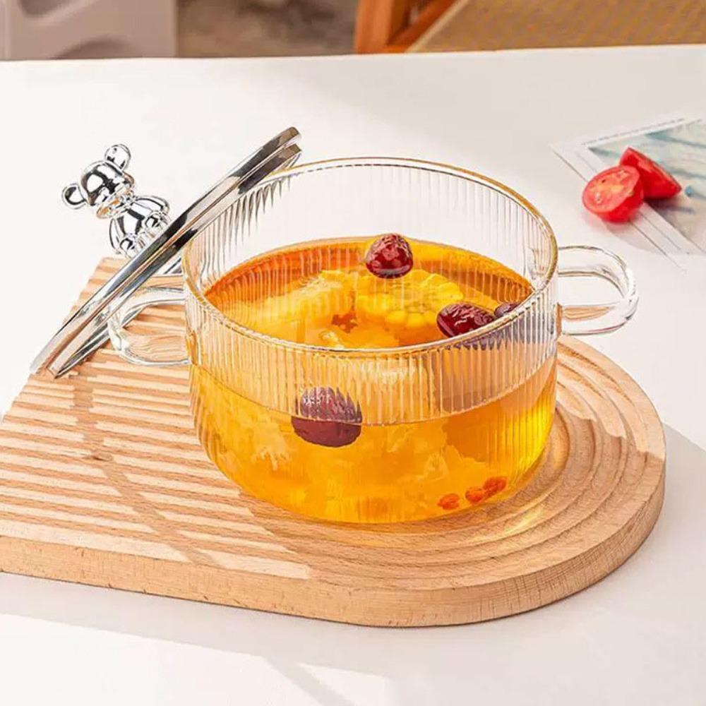 Бинауральная кастрюля для супа с ручками, жаростойкая миска для рамена, кухонная посуда, медведь, стеклянная кастрюля, каша