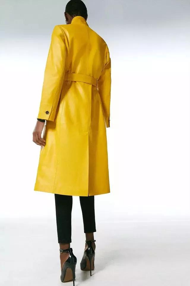 Party Wear Stylish Yellow New Women Trench Coat Leather Genuine Lambskin Handmade Long