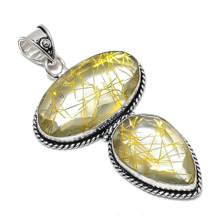 Golden Rutile Gemstone Handmade 925 Sterling Silver Jewelry Pendant 2.84" d0J83