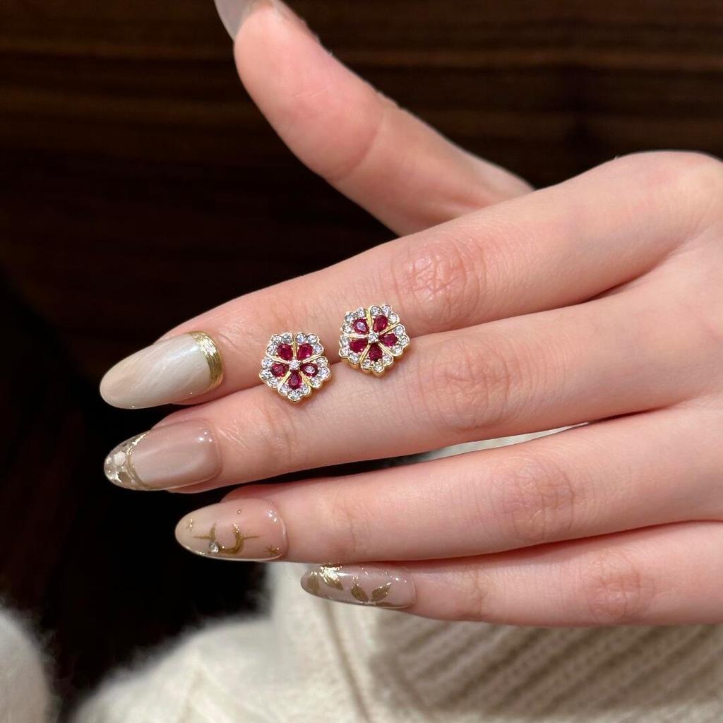 Court Flowers Five-petaled Flower Pendant Five-leaf Clover Flower Necklace Chinese Style Red Peony Bracelet Red Corundum Earrings Women's Suit