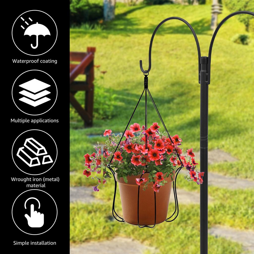 185CM Shepherds Hook Metal Double Hook Bird Feeder Hanger Height Adjustable Flowerpot Holder for Outdoor Lawn Garden Decoration