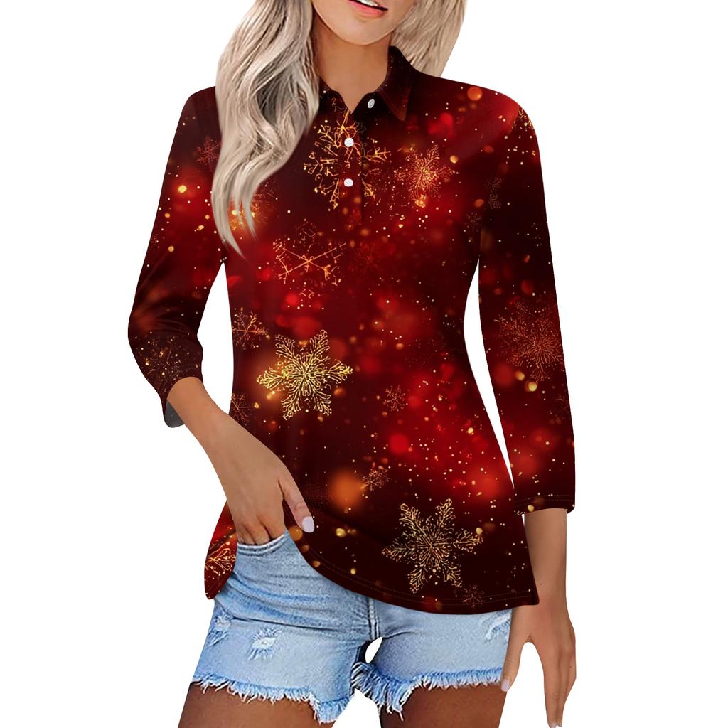 Women's Fashion Casual Lapel Short 3/4 Sleeve Christmas Print Shirt Women's Button Up Tops