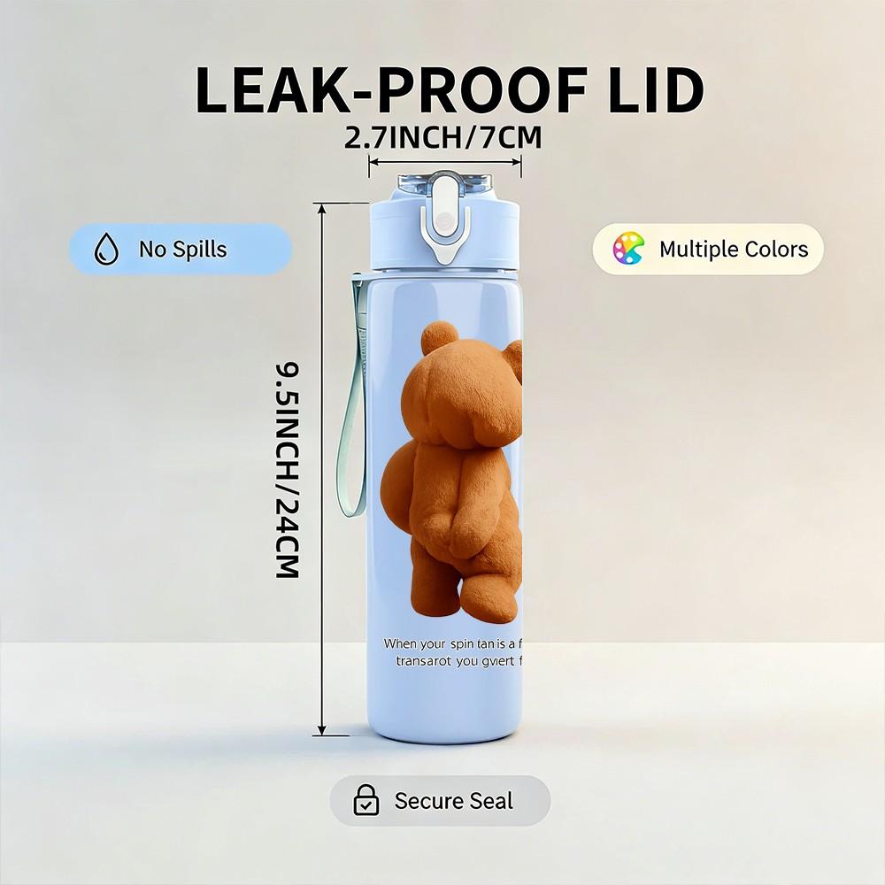 1PC Simple Teddy Bear Figure 750ml Color Plastic Sports Water Bottle Leakproof Flip Straw Lid Suitable for Sports Office Home Use