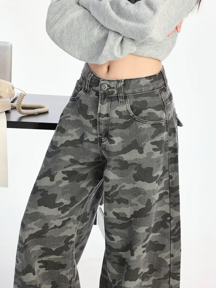 American retro high street Spice Girls camouflage jeans women's spring new high-waisted loose straight wide-leg floor pants