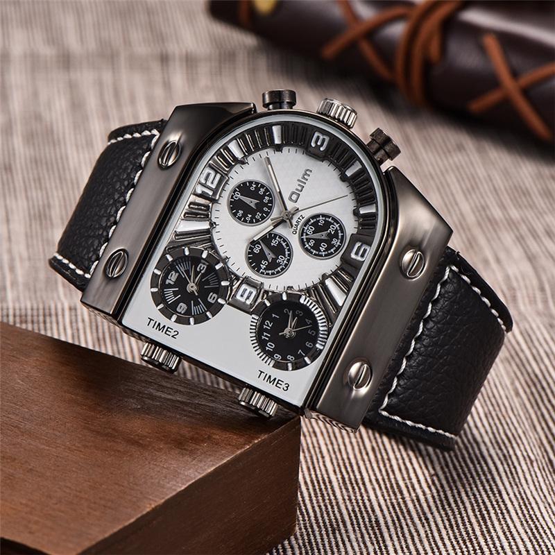 Men's Three Time Zone Leather Strap Sports Watch Outdoor Waterproof Chronograph Quartz Wristwatch
