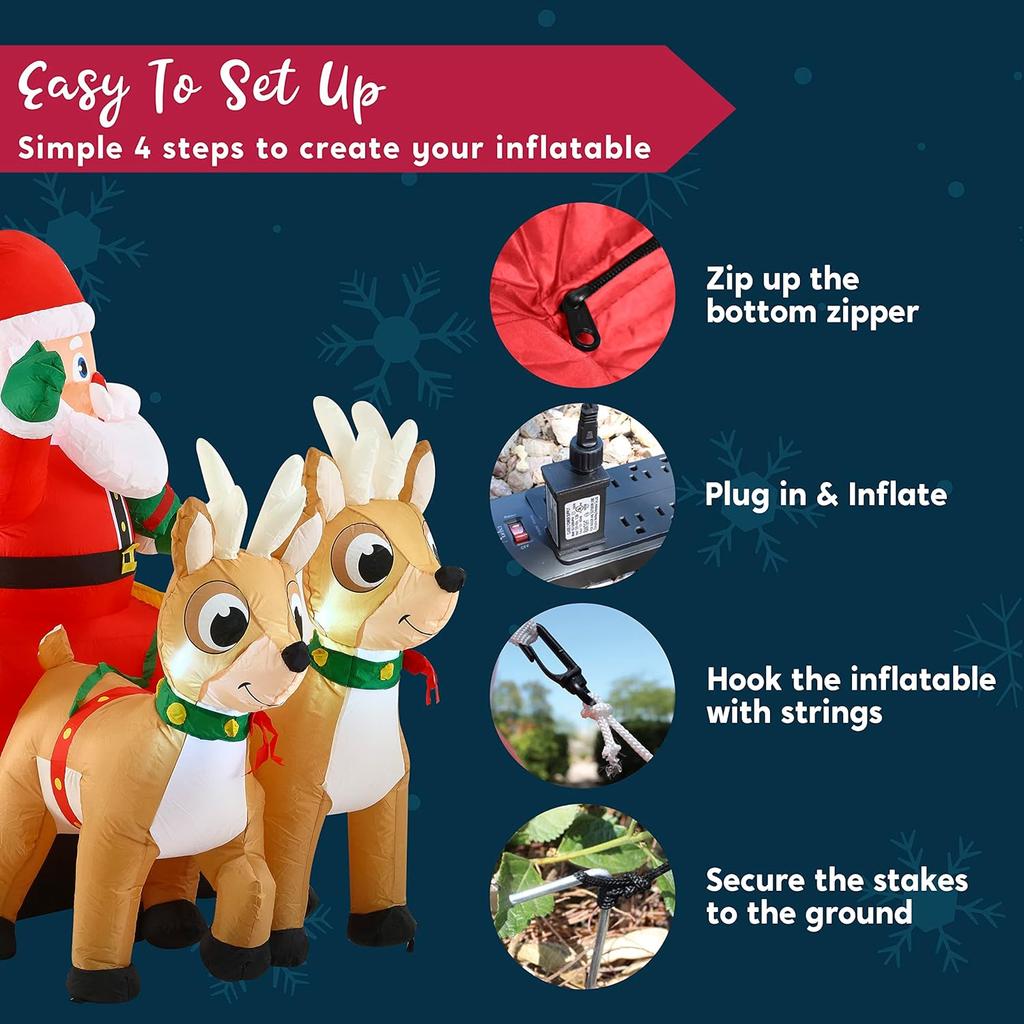 JOYFY 6 футов длиной Рождественский Санта на санях с 2 оленями Надувной Рождественский со встроенными светодиодами для украшения газона на рождественскую вечеринку