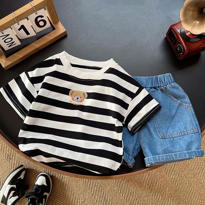 Classic Animal Baby Short Sleeved Set, Boys and Girls Short Sleeved T-shirt Set, Cartoon Bear Collar T-shirt Set