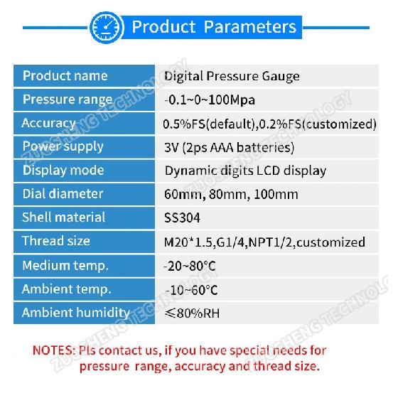 0-1000bar Hydraulic Vacuum Digital Pressure Gauge Axial G 1/4 Male Connector Oil Gas Water Pressure Gauge 4'' Manometer