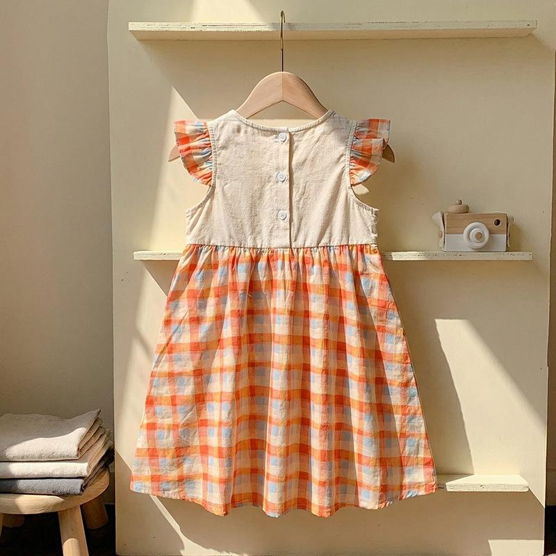 Girls Summer Plaid Dress Cute Embroidered Flutter Sleeve Baby Girl Casual Outdoor Dress For Kids