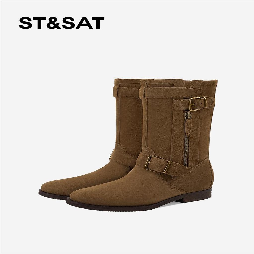 St&Sat/Saturday 2025 New Retro Belt Buckle Mid heeled Boots Thick Heel Round Head Fashionable Autumn/Winter