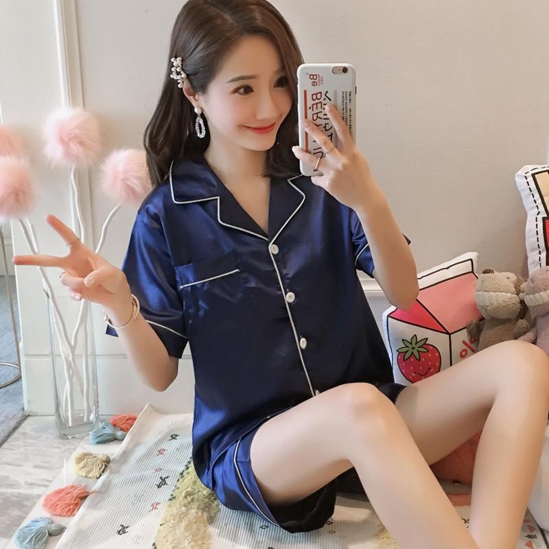 Womens Silk Satin Pajamas Set Short Sleeve Two-piece Pj Sets Sleepwear Loungewear Button-Down