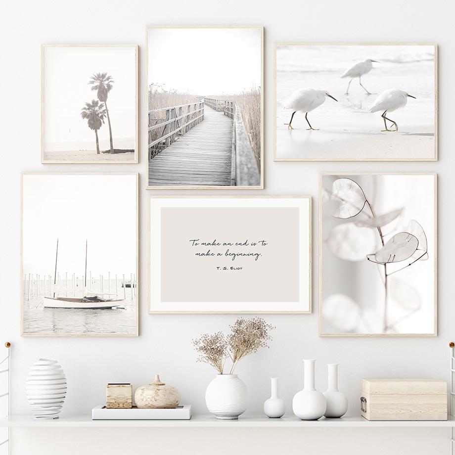 Белый пляж тыква птица цветок листья настенная живопись на холсте плакаты на скандинавскую тему и принты настенные панно для декора гостиной