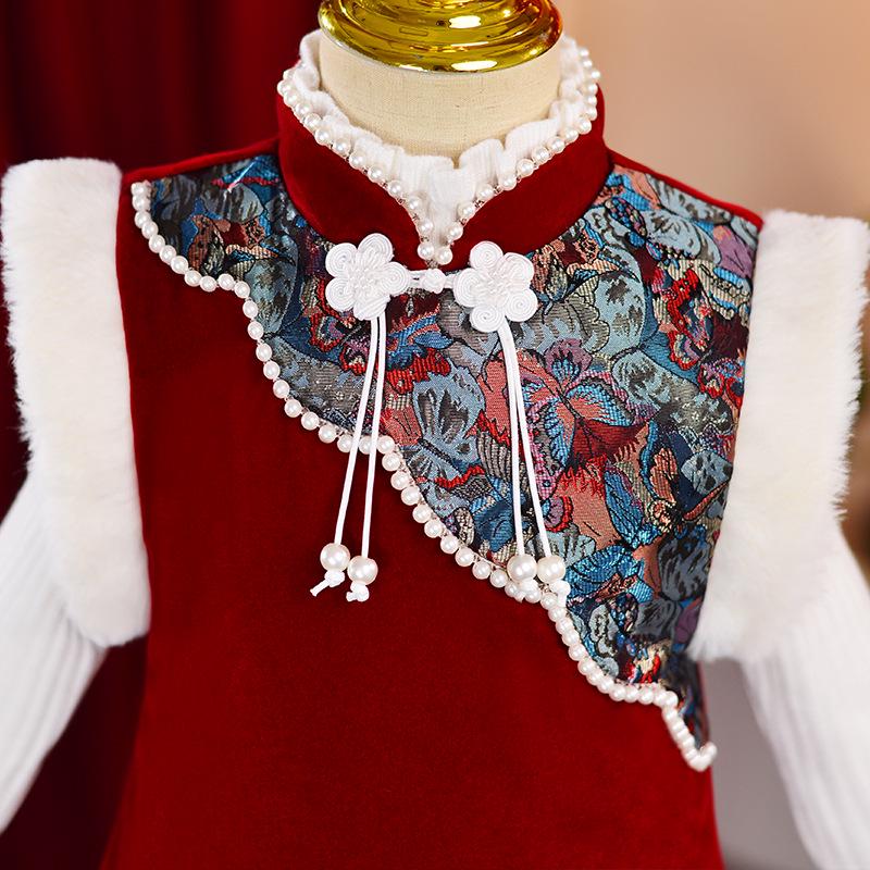 Зимнее теплое плюшевое платье-чонсам ханьфу для девочек - маленькие и средние размеры