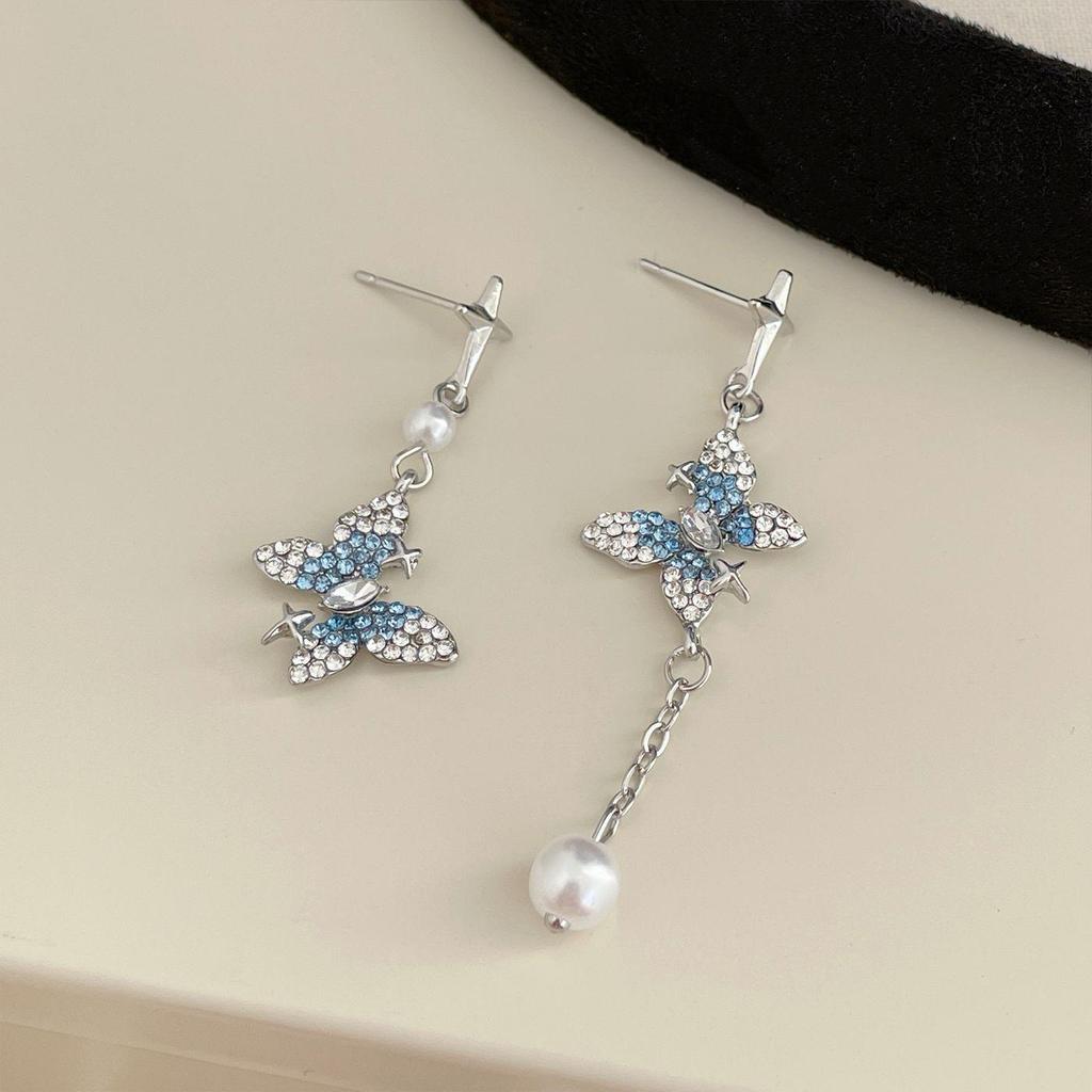 Корейские серьги-медведи с голубыми бриллиантами для женщин: Серебряная игла, элегантный дизайн в виде бабочки