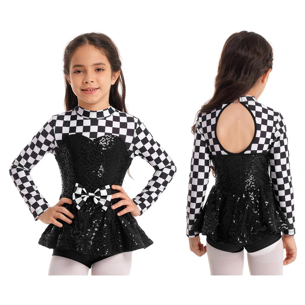 Kids Girls Racer Costume Long Sleeve Sequin Bowknot Keyhole Back Bodysuit for Halloween Cosplay Dress Up Performance