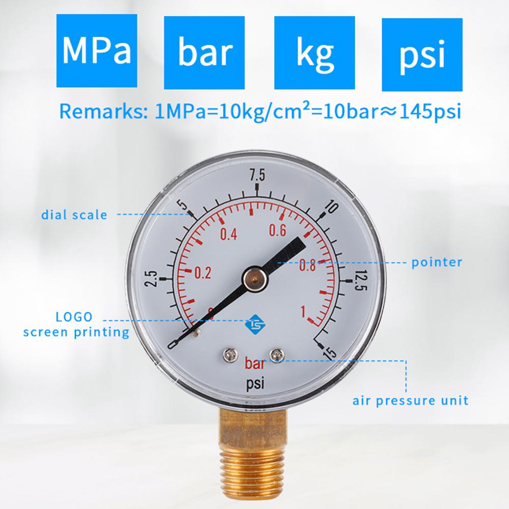 TS-50-15psi 0-15psi/0-1bar Dual Scale Water Pressure Dial 50mm Manometer Hydraulic Pressure Gauge for Fuel Oil/Air/Oil/Water