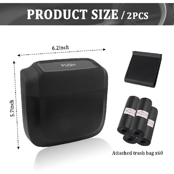 2PCS Car Trash Can With Lid + 60PCS Garbage Bags,Mini Trash Can Interior Accessories For Door/Seat/Center Console/Home/Office,Multifunctional Car