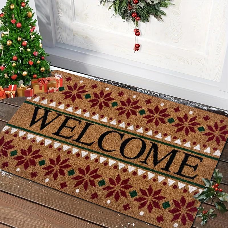 Welcome Christmas Geometric Pattern Flannel Doormat Non Slip Front Entry Floor Mat Retro Winter Holiday Entrance Decor Rug