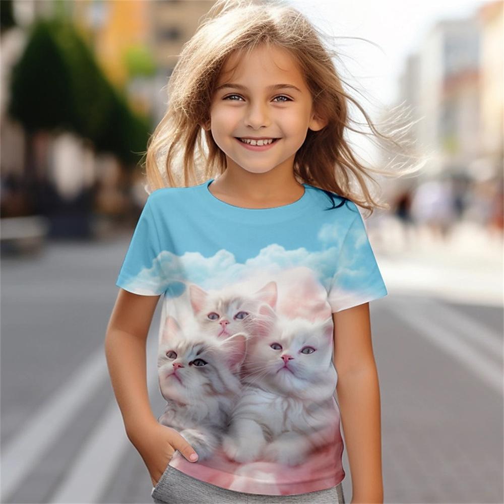 Детская одежда Футболка для девочек с коротким рукавом Милый кот 3D принт Детская летняя одежда Повседневная одежда для девочек с круглым вырезом и рисунком из мультфильма Топы