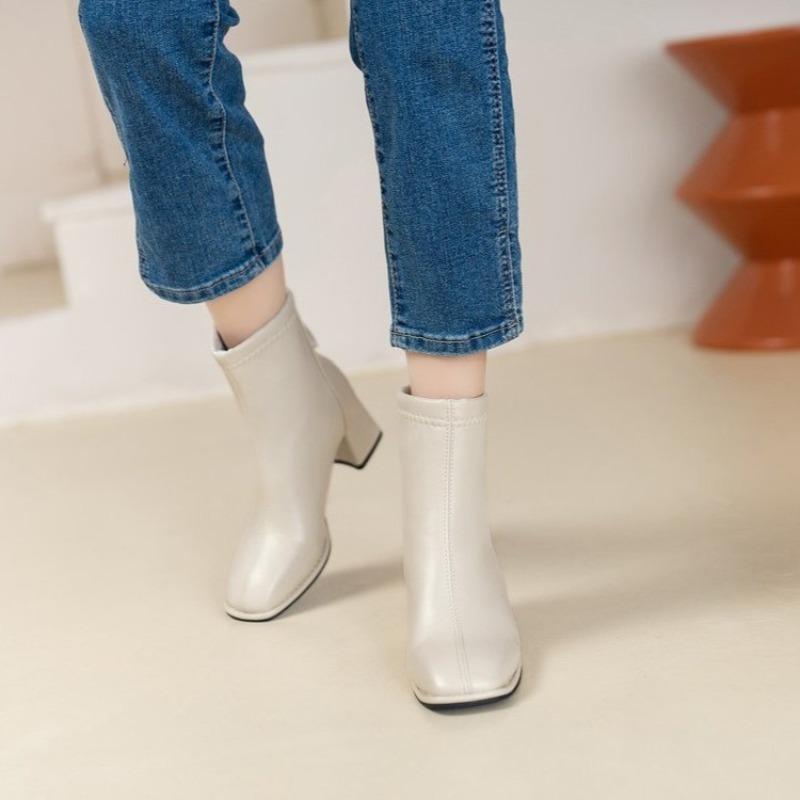 Block Heel Booties Women's New Autumn and Winter Plus Fleece Square Toe French High Heel Skinny Boots