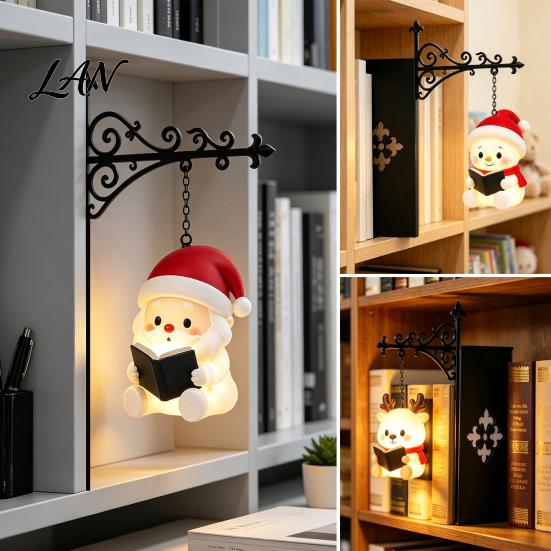 Reading Nook Ambience Light Christmas Vintage Bookshelf Lantern Lamp, Light-up Santa Claus Snowman Reindeer Bookcase Lighting Decor, Hanging