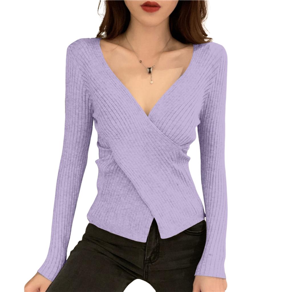 Women's V-neck Sweater Bottoming Shirt With Long Sleeves Cross-fitting Knitted Tights