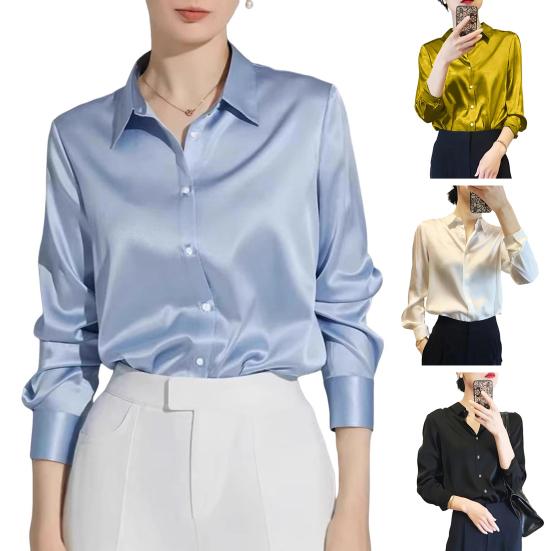 Женская рубашка с лацканами, длинный рукав, блестящая ткань, официальная рубашка, застежка на пуговицы, однотонная гладкая деловая рубашка для свиданий
