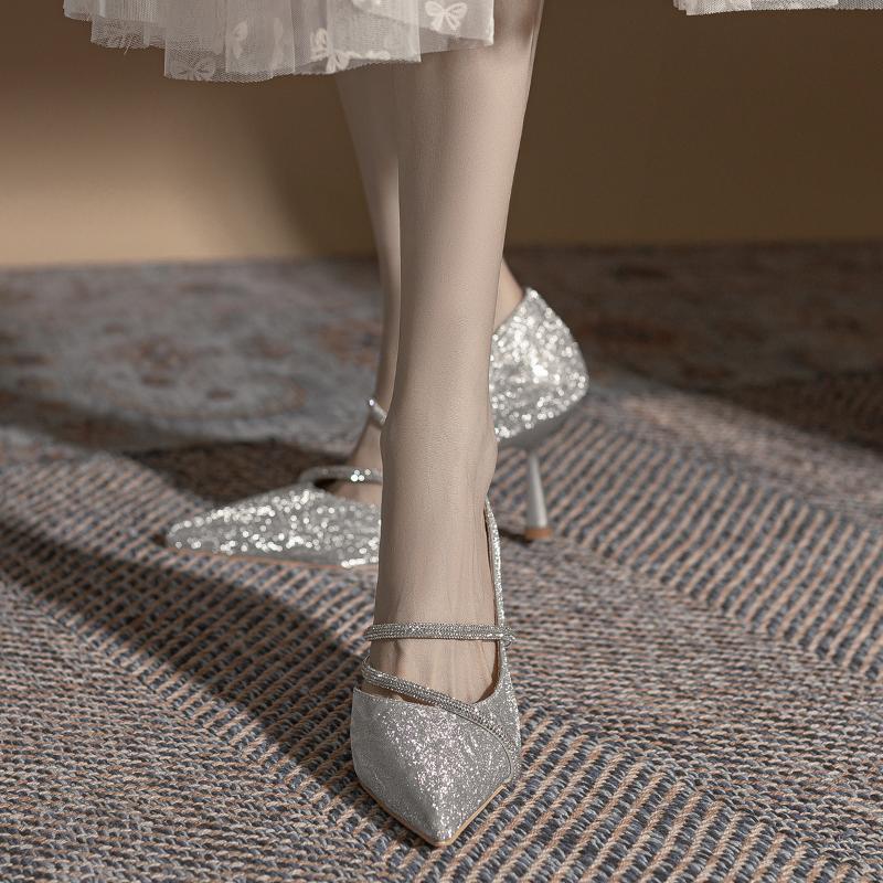 Women's Fashion Luxury Rhinestone Pumps Women New Spring Silver High Heel Sexy Pointed Pumps Elegant Party Ladies Wedding Shoes