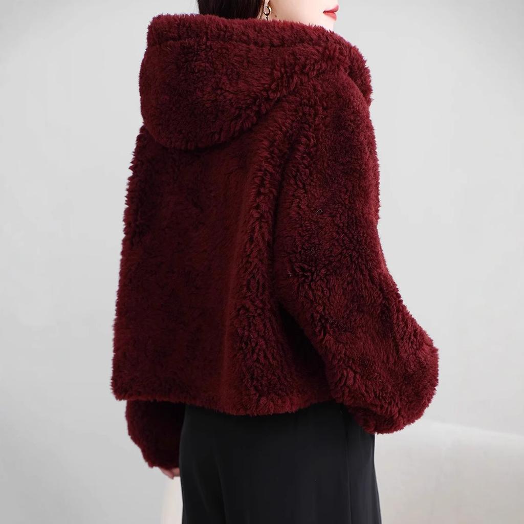 Кашемировое пальто с капюшоном, женское короткое пальто из меха ягненка, полная шерсть
