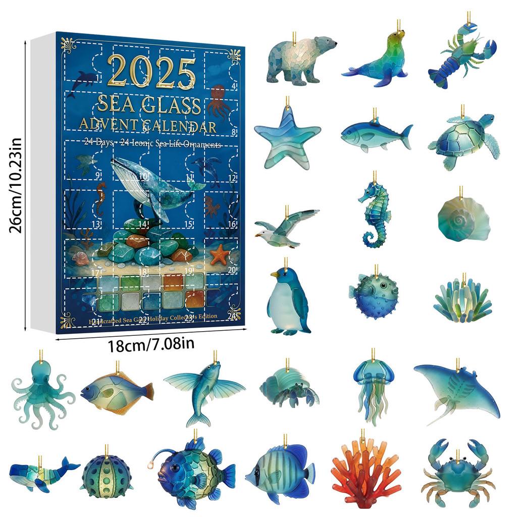 Christmas Countdown Calendar With Marine Animal Acrylic Ornaments For Holiday Decor