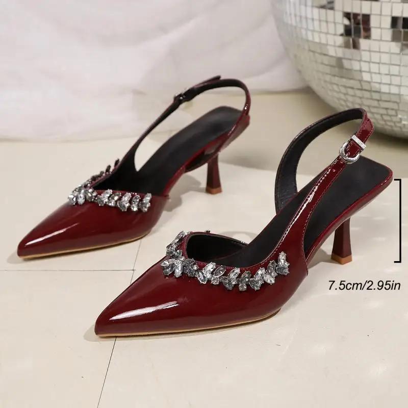 Fashion Crystal Decoration Wine Red Sandals Pointed Toe Sling Back Pumps Women 2025 Summer Patent Leather Thin High Heels Shoes Woman