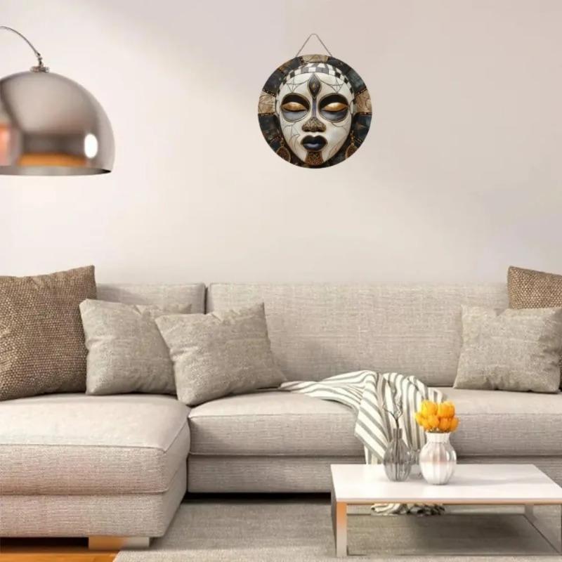 Wood Unique African Mask Circular Wooden Sign with Artistic Design, Suitable for Door, Wall, Home, Room, Farmhouse, Street, Shop, Garage, Bar, Garden