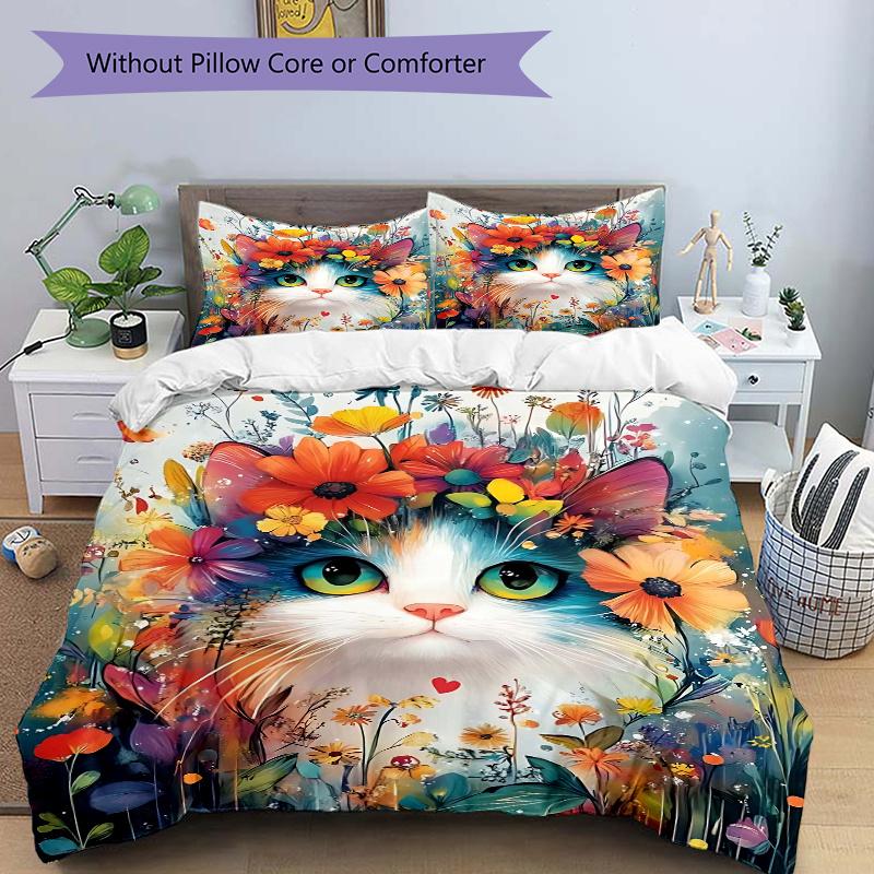 3pcs Cat Artwork Ideas Design Quilt Cover Set - Soft & Comfortable Polyester Fabric, All-Season Breathable Comforter Set For 1 Quilt Cover & 2 Pi