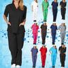 Medical Nursing Working Uniform Set for Men and Women Short Sleeve V-neck Solid Color Tops+Pants Scrub Suit