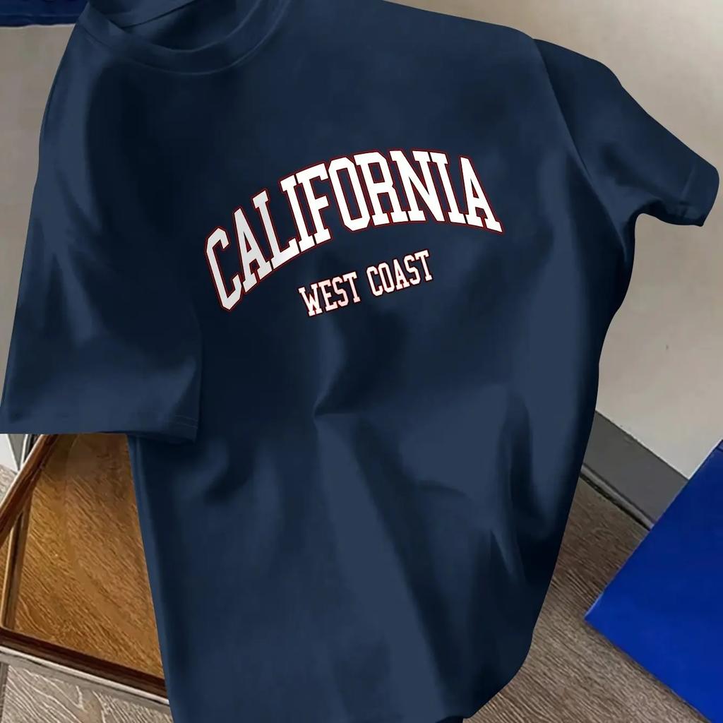 Fashionable California Letter Print Men's T-shirt, 100% Cotton Soft and Loose Casual Round-neck Short-sleeved T-shirt for Men In