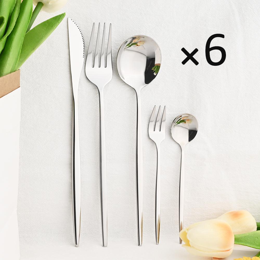 6People Gold Cutlery Set Mirror Stainless Steel Dinnerware Set Knife Cake Fork Tea Spoon Silverware Flatware Party Western Kitchen Tableware