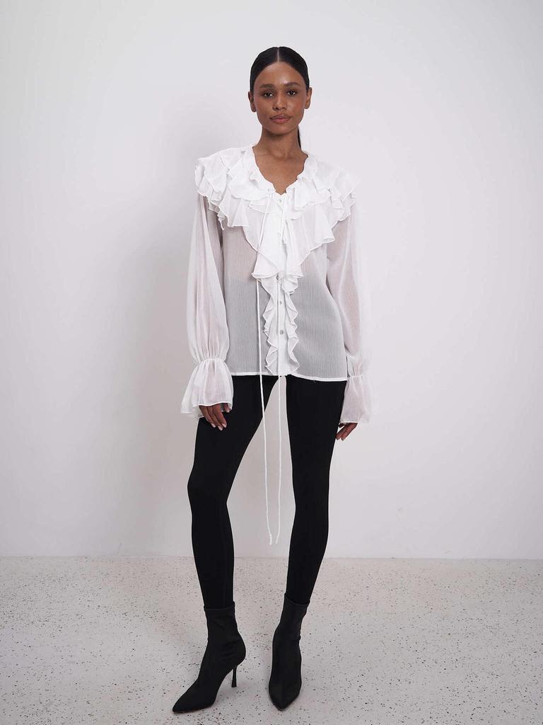 Стильная европейская и американская блузка с завязками, пышными рукавами и оборками, V-образным вырезом - однотонный женский весенний топ