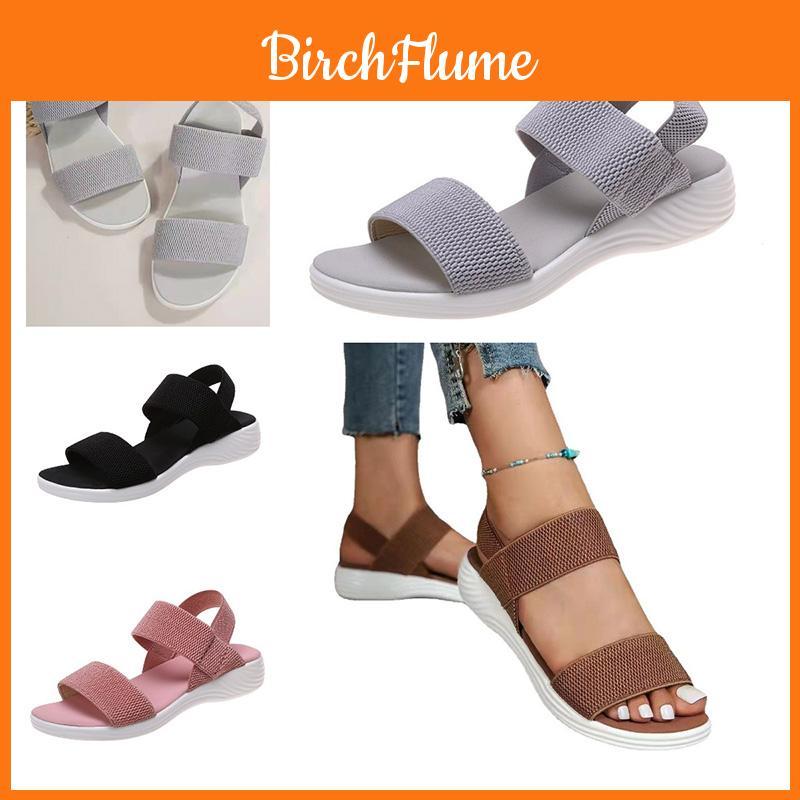 Summer Large Size Women's Shoes Casual Elastic Flat Sandals With Back Strap Fly Knitted Polyurethane Characters)