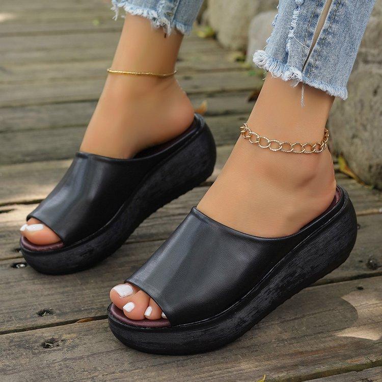 Модные женские кожаные тапочки, сандалии на подошве из искусственной кожи для женщин, сексуальные мюли на высоком каблуке, черные босоножки на платформе с открытым носком, босоножки на танкетке