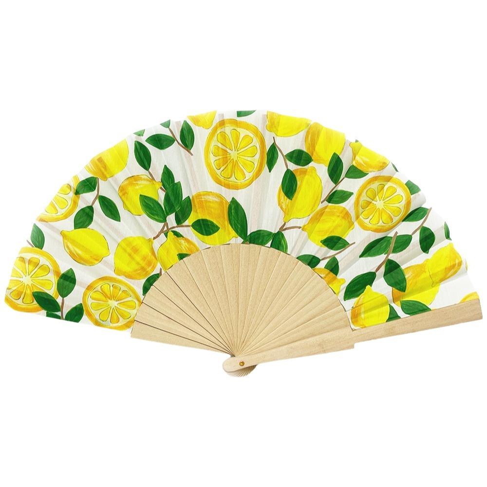 Wooden Handle Folding Hand Fan Lemon Print Hand Cranked Fan Lightweight Handheld Fan Photography