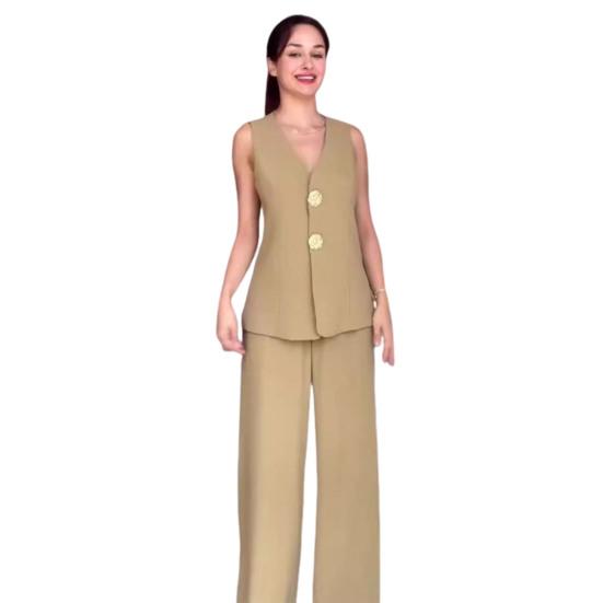 2 шт./комплект женский жилет брюки костюм V-образный вырез застегивается на пуговицы без рукавов топ широкие свободные брюки формальный деловой стиль пригородный наряд