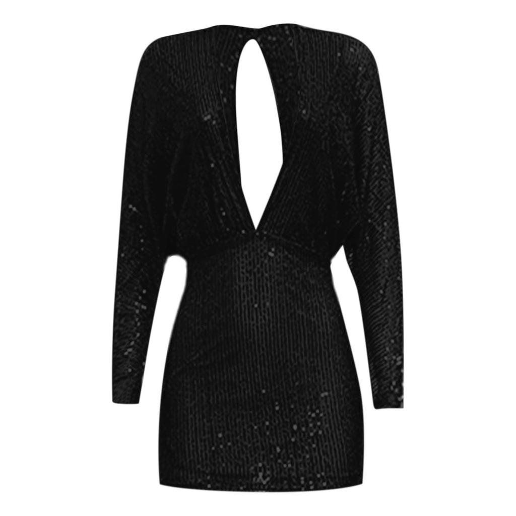 Женское модное вечернее платье однотонного цвета с V-образным вырезом, длинными рукавами, приталенного силуэта, с пайетками, плиссировкой, рюкзаком на бедрах