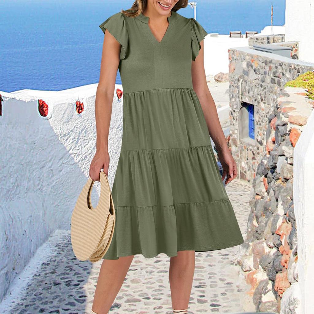 Женские богемные однотонные летние повседневные многослойные платья с v-образным вырезом и рюшами на рукавах