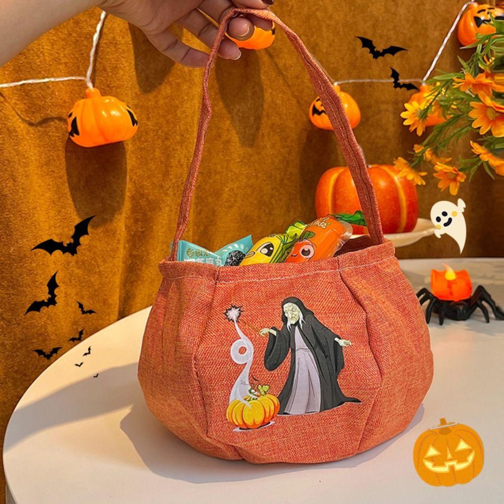 Portable Funny Halloween Candy Bag Printing Storage Bucket Trick or Treat Bag Nylon Gifts Pouch Pumpkin Handbag Children
