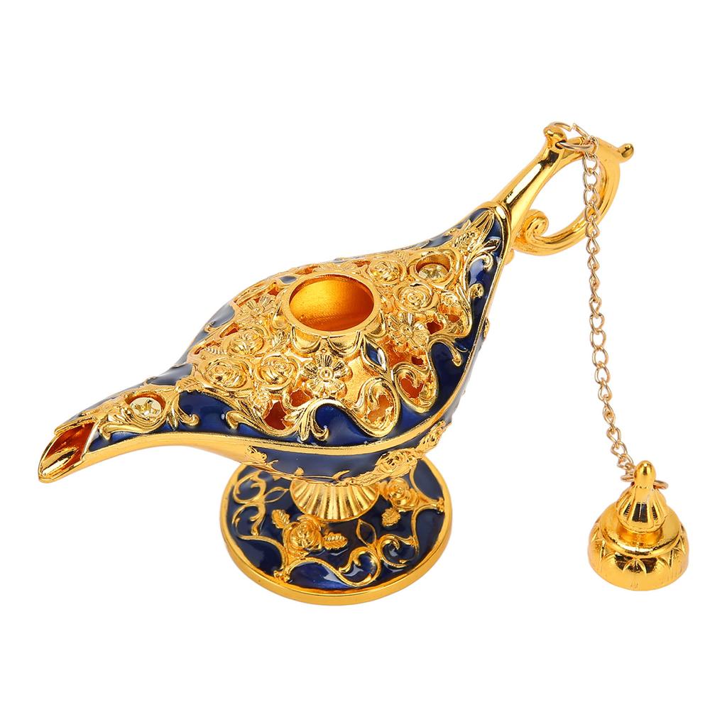 Genie Lamp Vintage Decoration Collectable Rare Small Zinc Alloy Legend Genie Light Gold Sapphire Blue