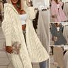 Women Solid Color Long Knitting Sleeve Jacquard Coat Hooded Long Texture Knee-length Sweater Cardigan Loose Outwear