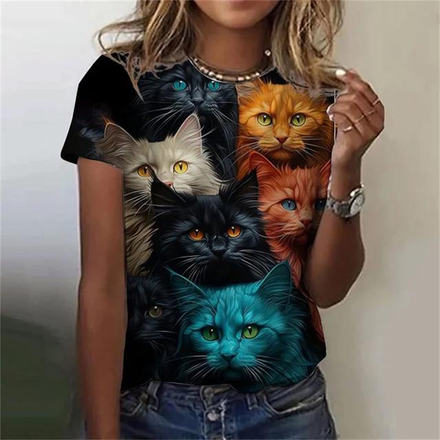 Модная женская футболка с 3D принтом Kawaii Cat Pattern, топ с короткими рукавами и круглым вырезом, летняя уличная повседневная уличная простая одежда