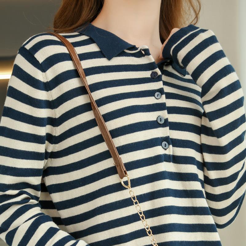 Поло в полоску для женщин, весна-осень, обновленная футболка с длинным рукавом из гребенного хлопка, вязаный свитер, воротник-стойка, свободный крой