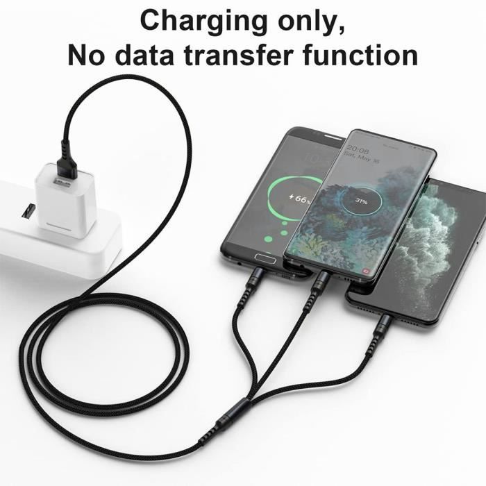 Câble de Charge 3 en 1 - E.F.CONNECTION - Nylon Tressé 1,2 Mètre Noir